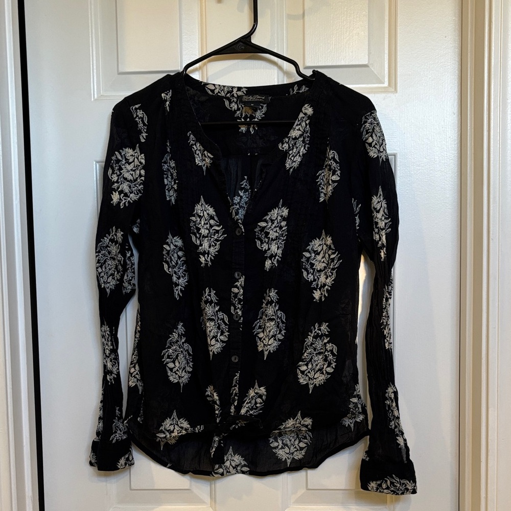 Lucky Brand Sheer Black and Cream Floral Patterned Blouse
